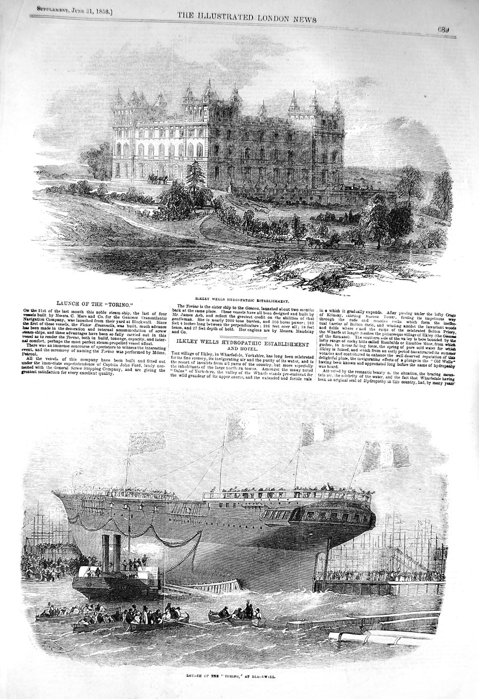 Old Antique Print 1856 Ilkley Wells Hydropathic Hotel Launch Torino Ship 19th