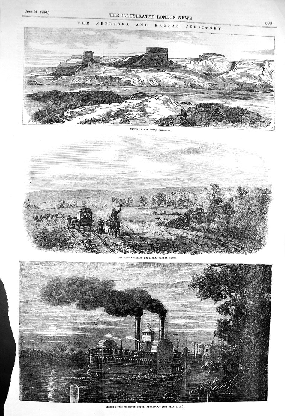 Original Old Antique Print 1856 Bluff Nebraska Settler Pappea Creek Baton Rouge