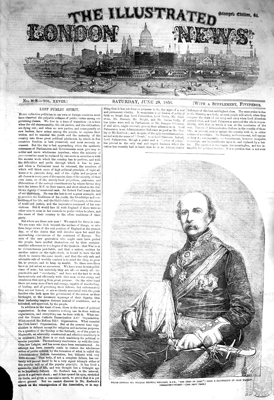 Old Antique Print 1856 Major-General William Fenwick Williams Hero Kars 19th
