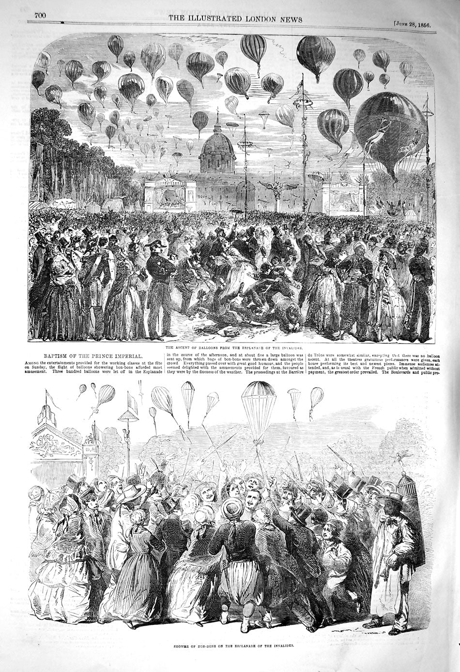 Original Old Antique Print 1856 Balloons Esplanade Invalides Bon-Bons People