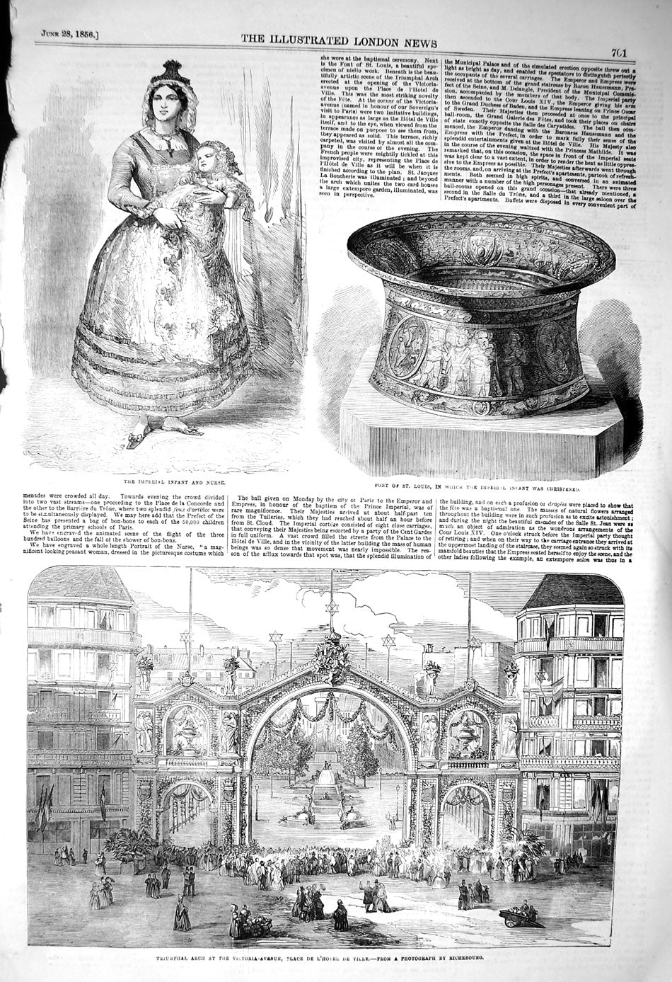 Old Antique Print 1856 Font Louis Imperial Infant L'Hotel De Ville Arch 19th
