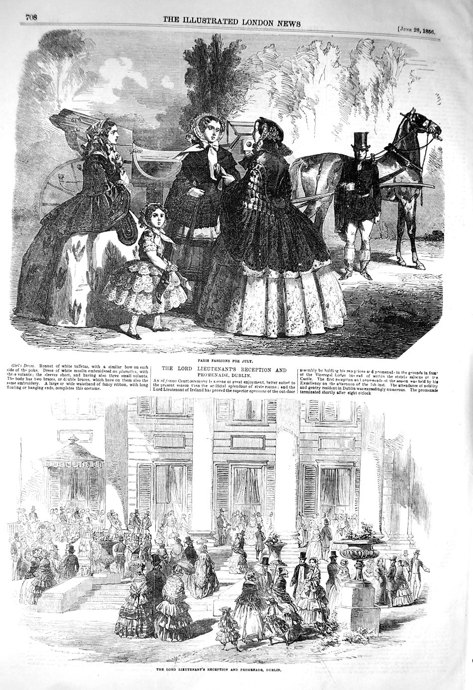 Original Old Antique Print 1856 Paris Fashion Lord Lieutenant Promenade Dublin