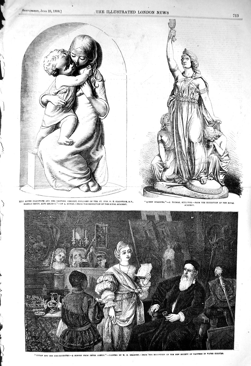 Old Antique Print 1856 Sculpture Agnes Gladstone Herbert Boadicea Titian 19th