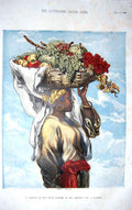 Original Old Antique Print 1856 Fruit Market Rio Janeiro Lady Carrier Colour
