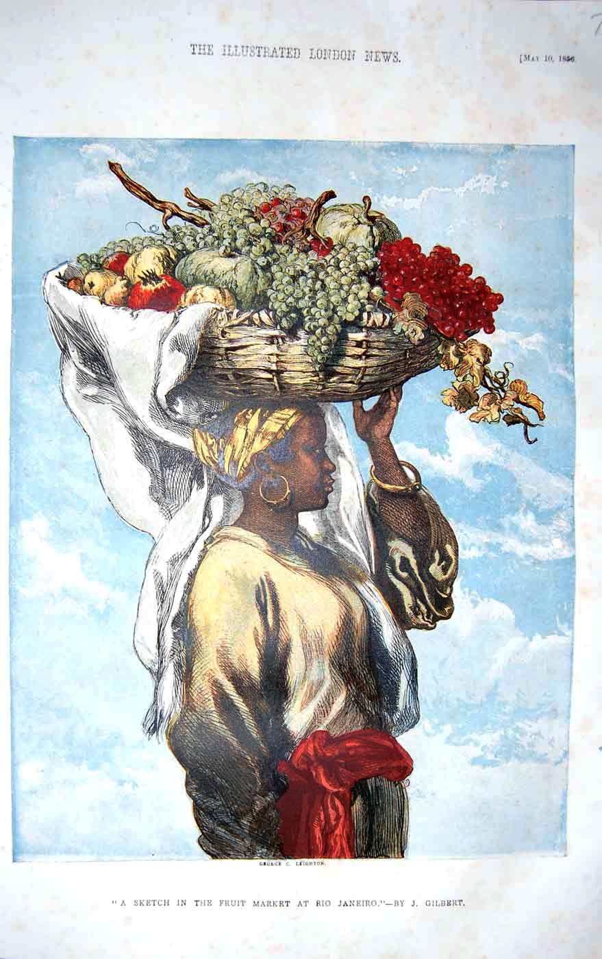 Original Old Antique Print 1856 Fruit Market Rio Janeiro Lady Carrier Colour