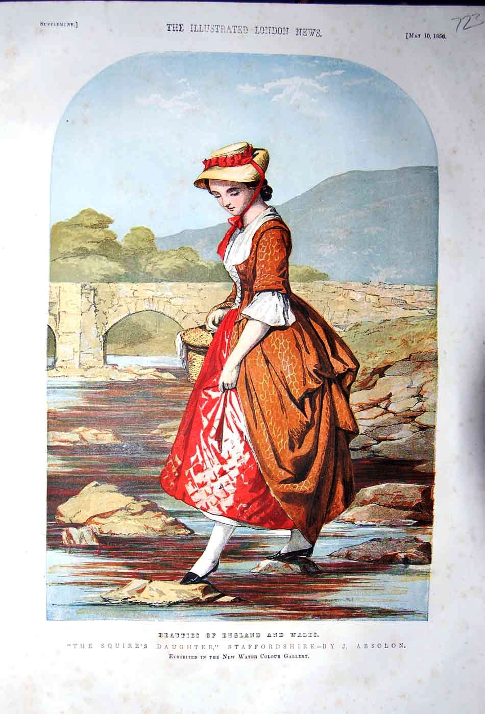 Original Old Antique Print 1856 Squire'S Daughter River Bridge Staffordshire