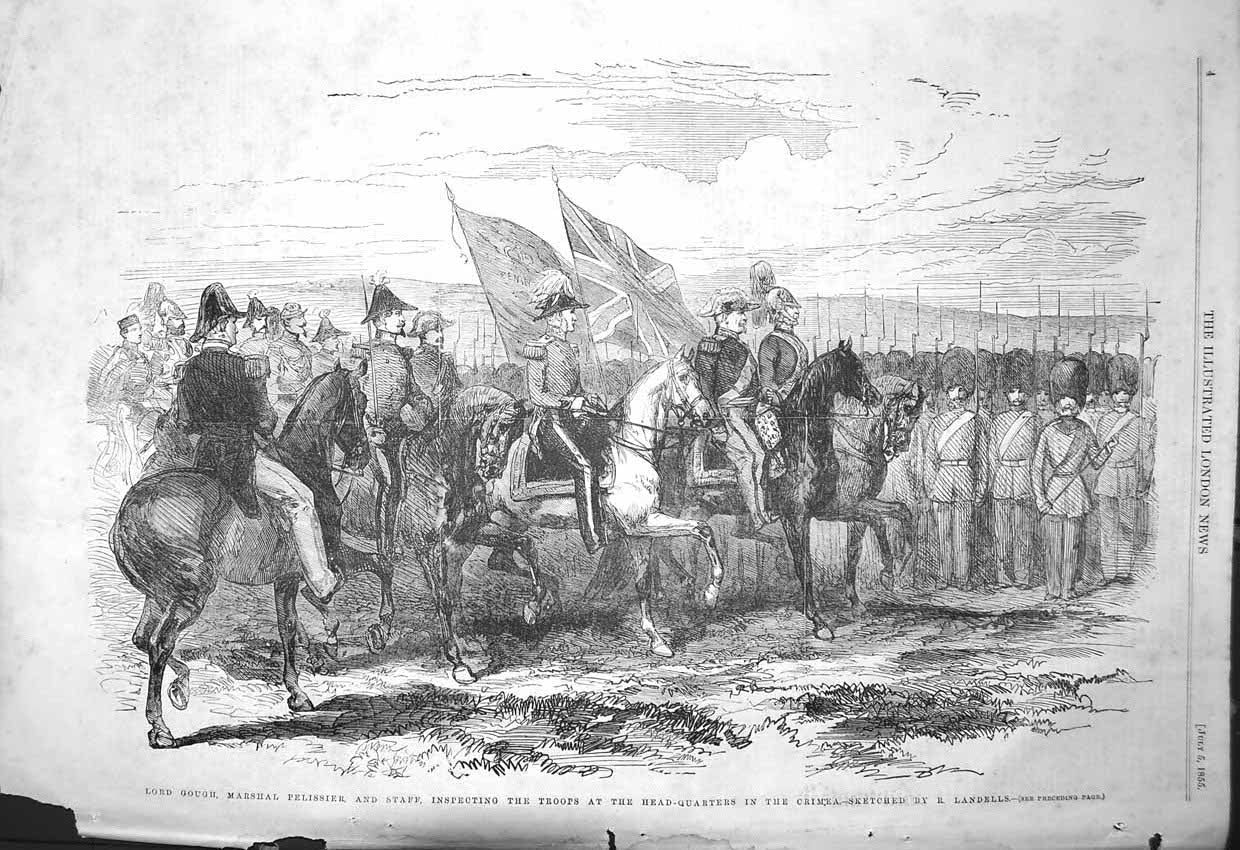 Original Old Antique Print 1856 Lord Gough Marshal Pelissier Siers Crimea War