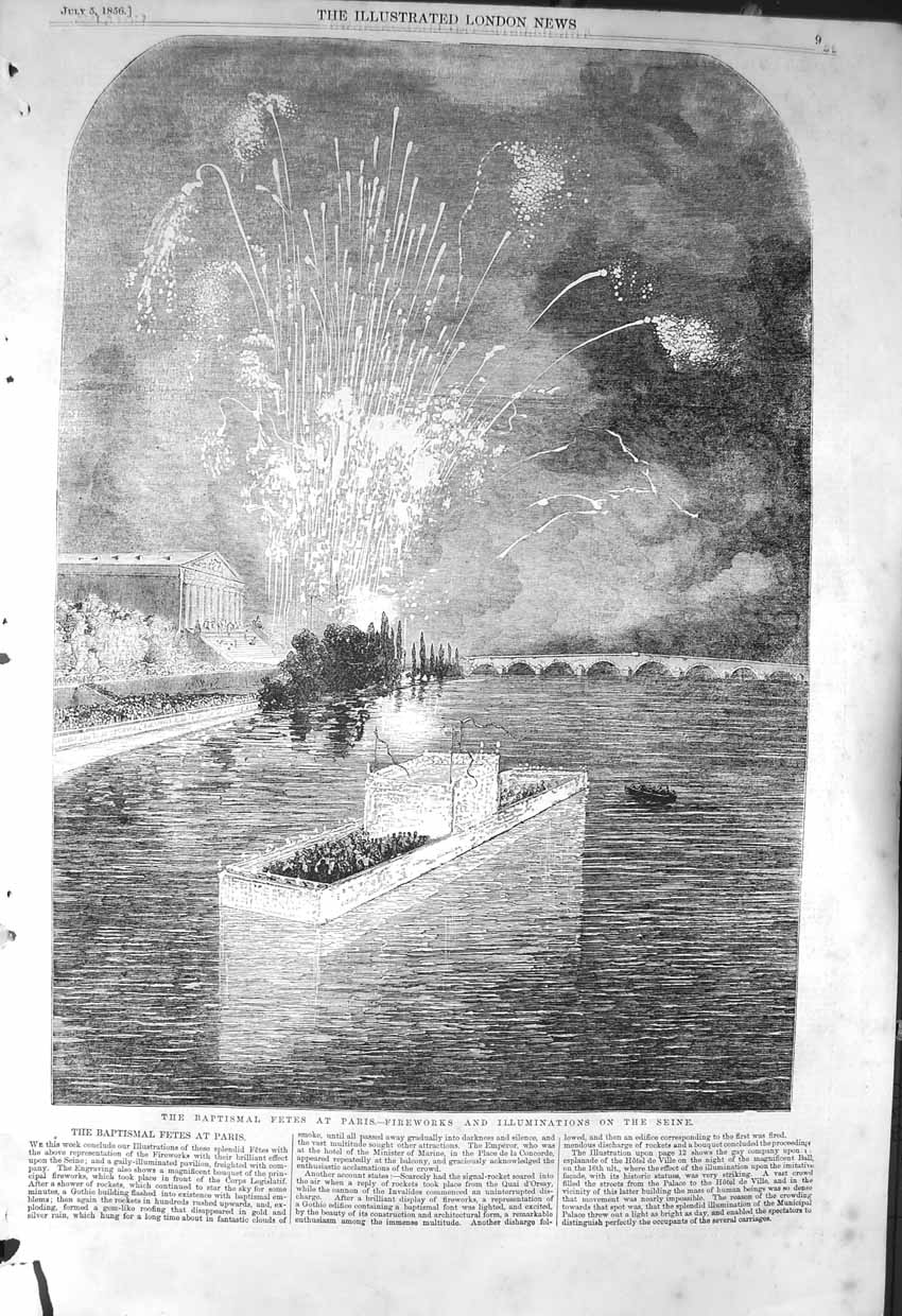 Old Antique Print 1856 Baptismal Fetes Paris Fireworks River Seine France 19th