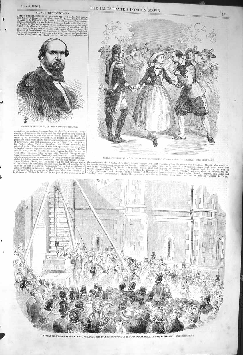 Old Antique Print 1856 Signor Beneventano Theatre Williams Harrow Crimea 19th