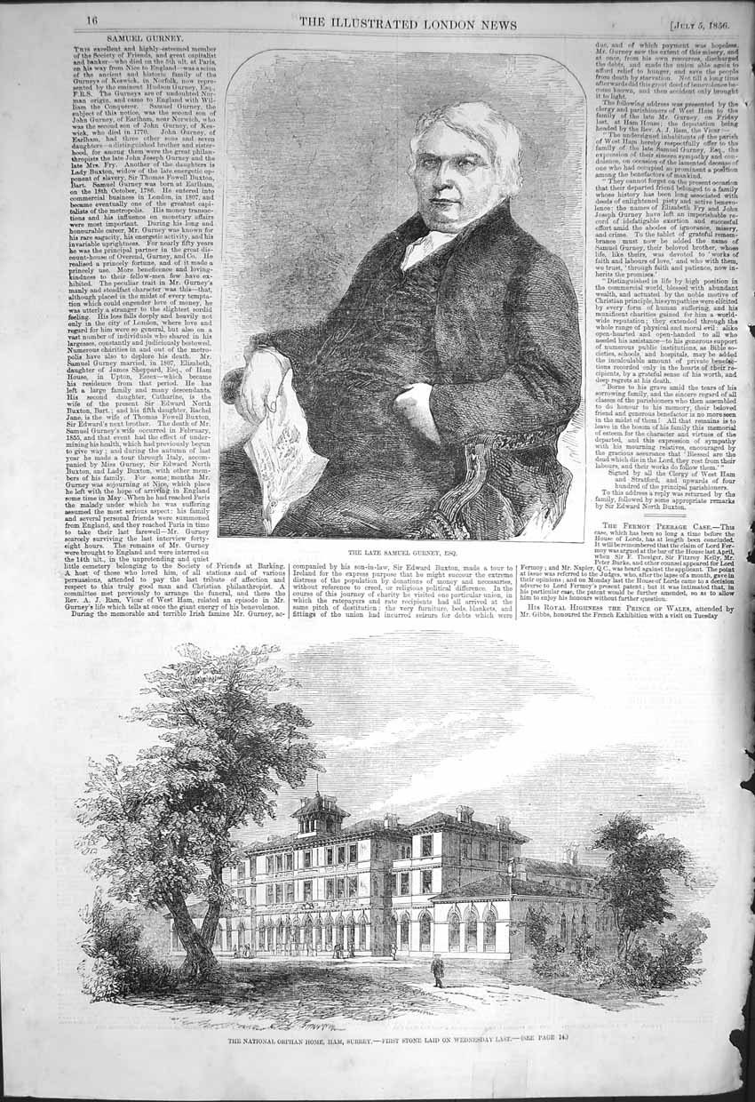 Original Old Antique Print 1856 Samuel Gurney National Orphan Home Ham Surrey