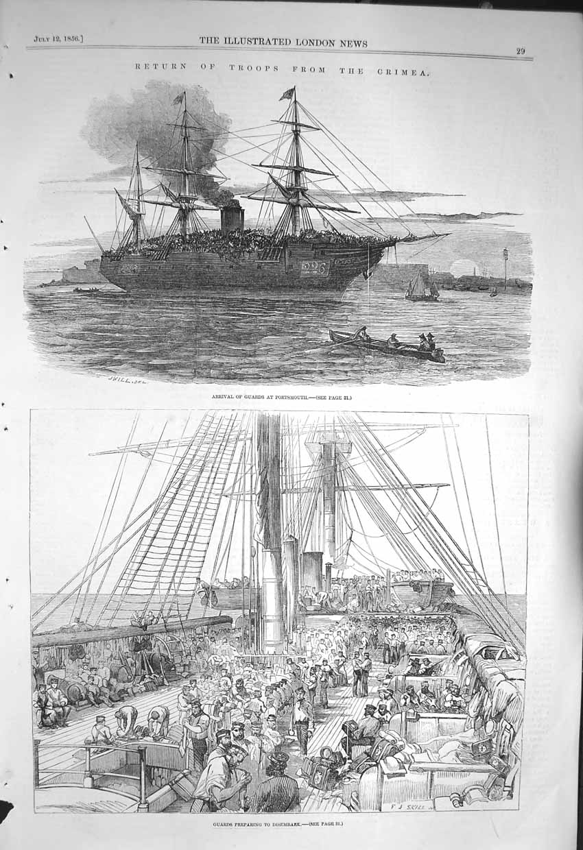 Original Old Antique Print 1856 Return Troops Siers Guards Ship Portsmouth 19th