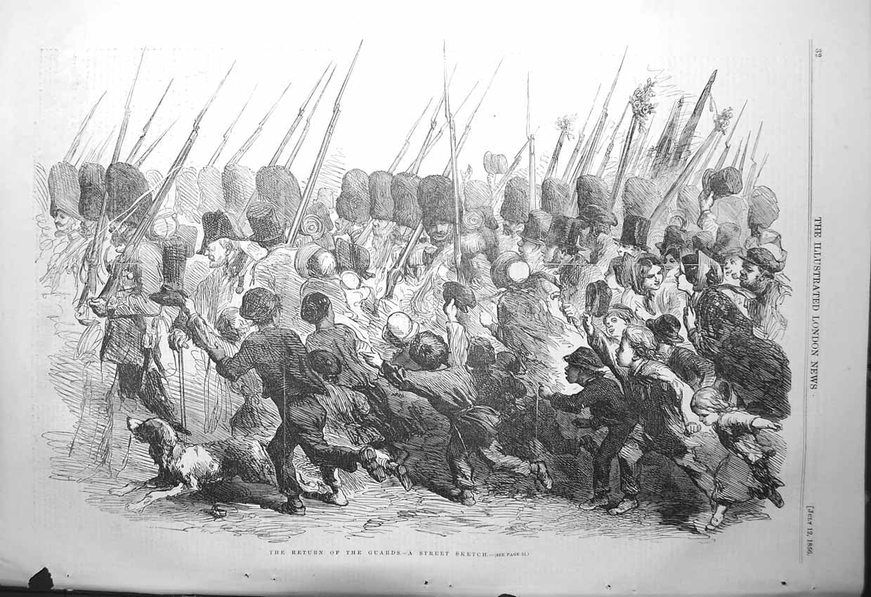 Original Old Antique Print 1856 Scene Return Guards War Siers 19th