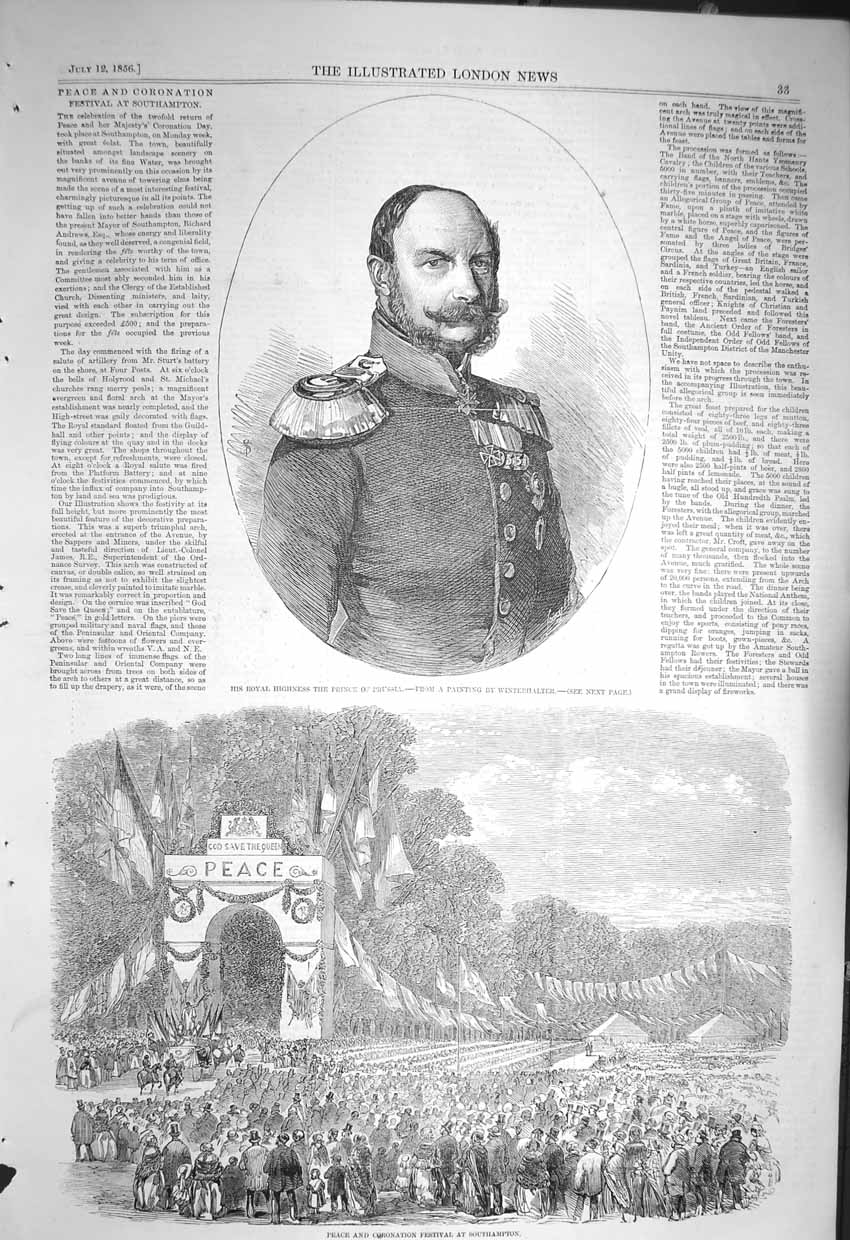 Antique Old Print *3237 1856 Prince Prussia Coronation Festival Southampton
