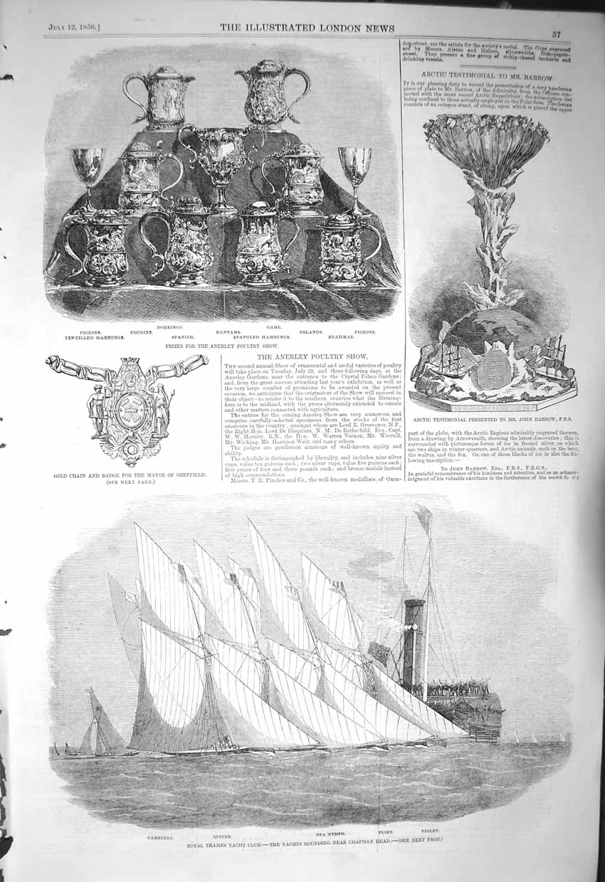 Original Old Antique Print 1856 Thames Yacht Club Flirt Nymph Anerley Poult 19th