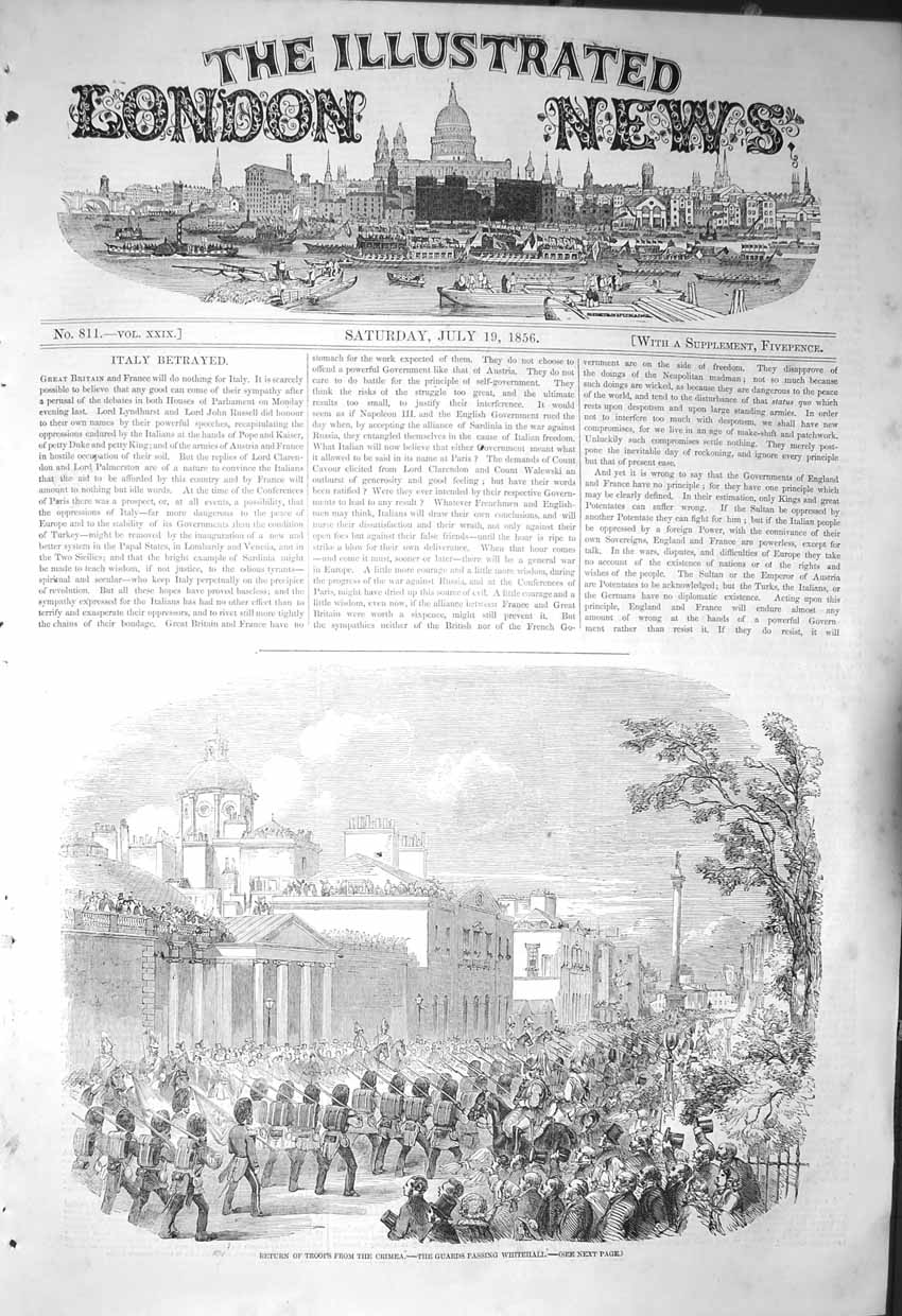 Original Old Antique Print 1856 Siers Crimea War Scene Guards Passing Whitehall