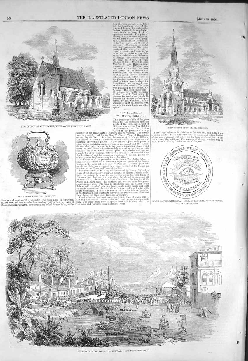 Original Old Antique Print 1856 Church Cinder-Hill Mary Kilburn Bahia Railway
