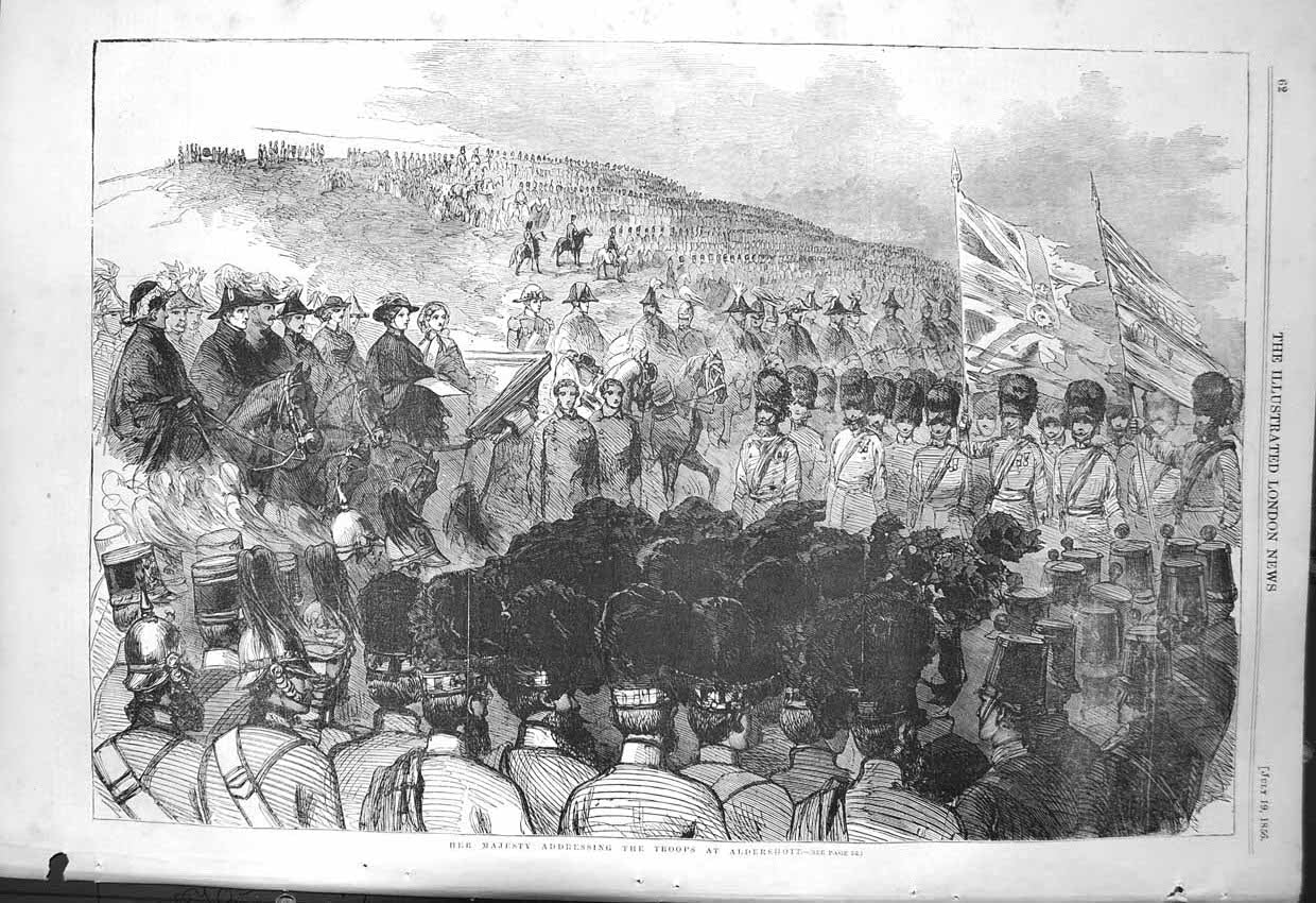 Antique Old Print *3223 1856 Majesty Queen Addressing Troops Aldershott Army