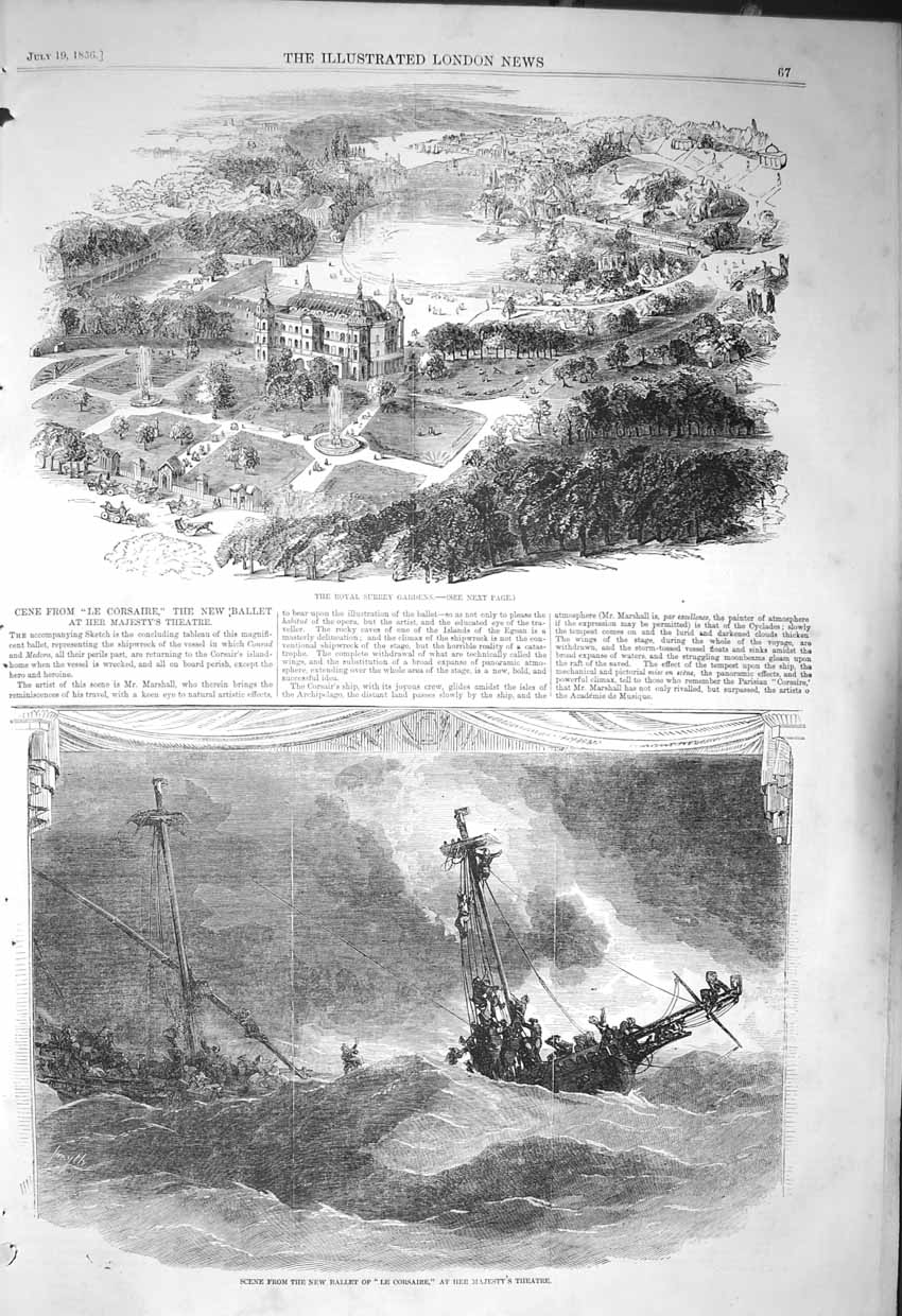 Original Old Antique Print 1856 Royal Surrey Gardens Ballet Le Corsaire Theatre