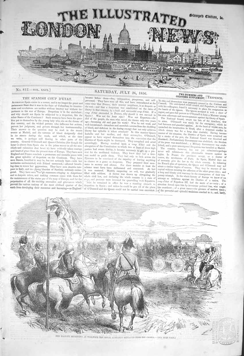 Original Old Antique Print 1856 Queen Woolwich Royal Artillery Crimea War Siers