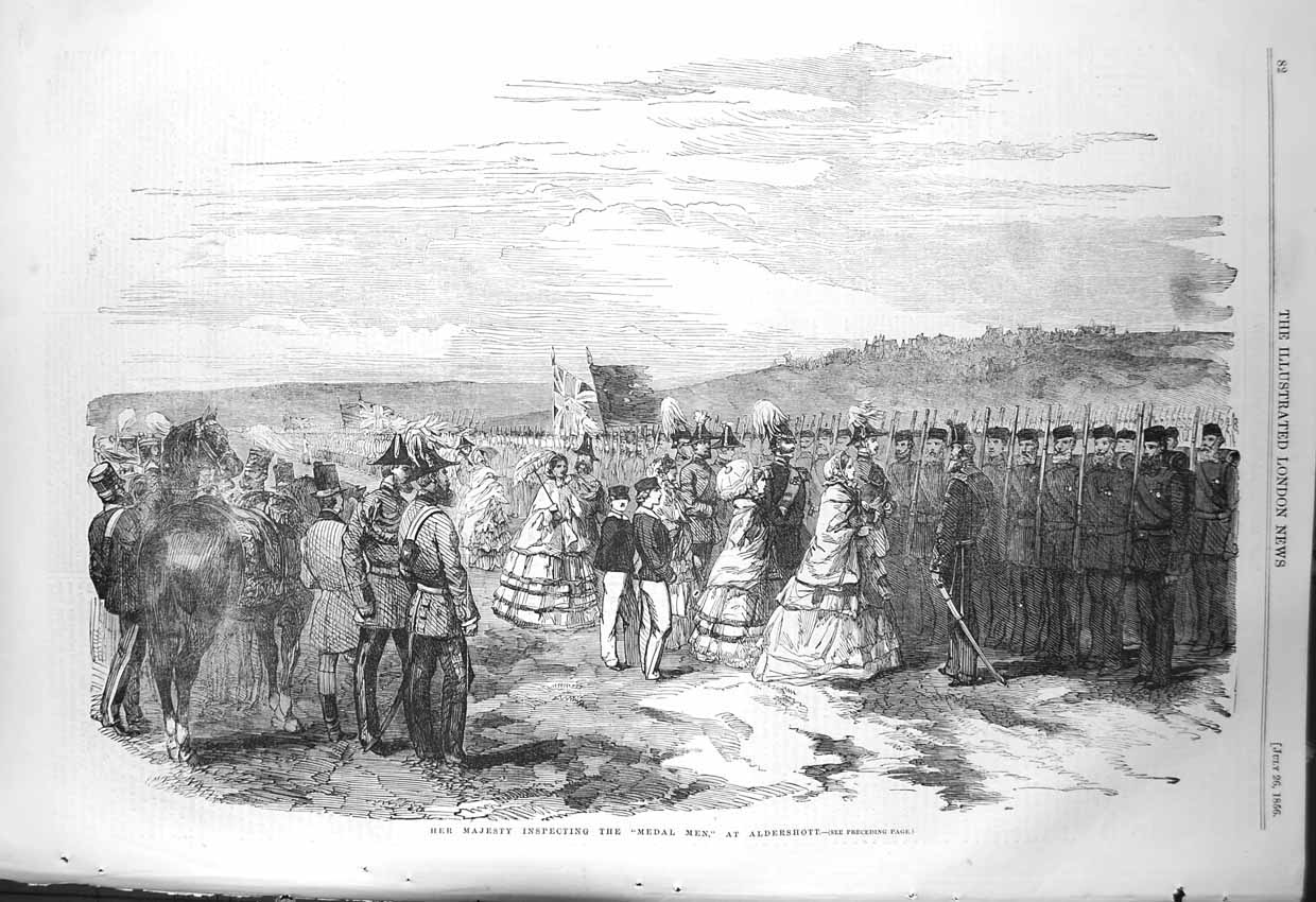 Old Antique Print 1856 Majesty Queen Inspecting Medal Men Aldershott Army 19th