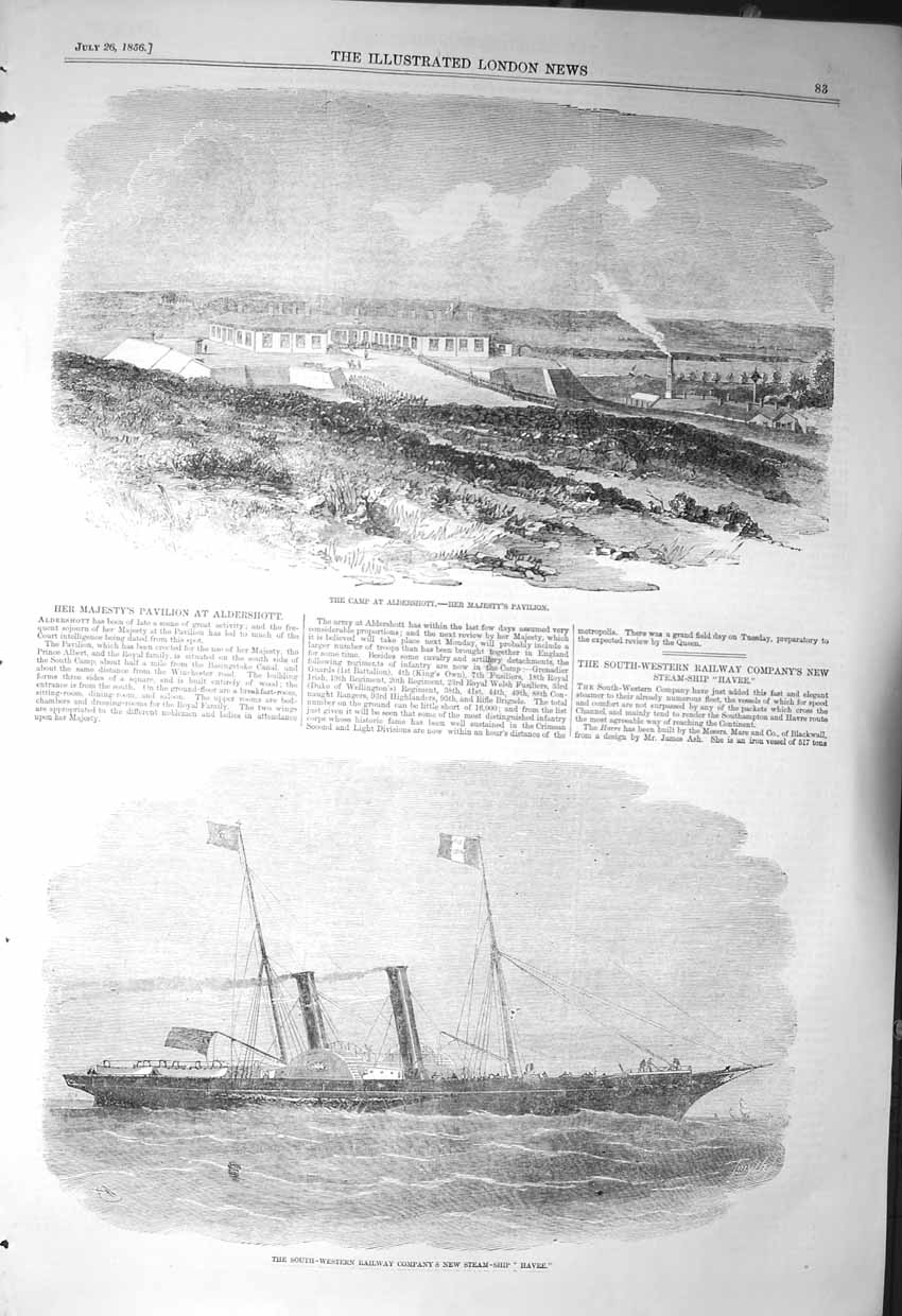 Original Old Antique Print 1856 Camp Aldershott Queen Pavilion Havre Steam Ship