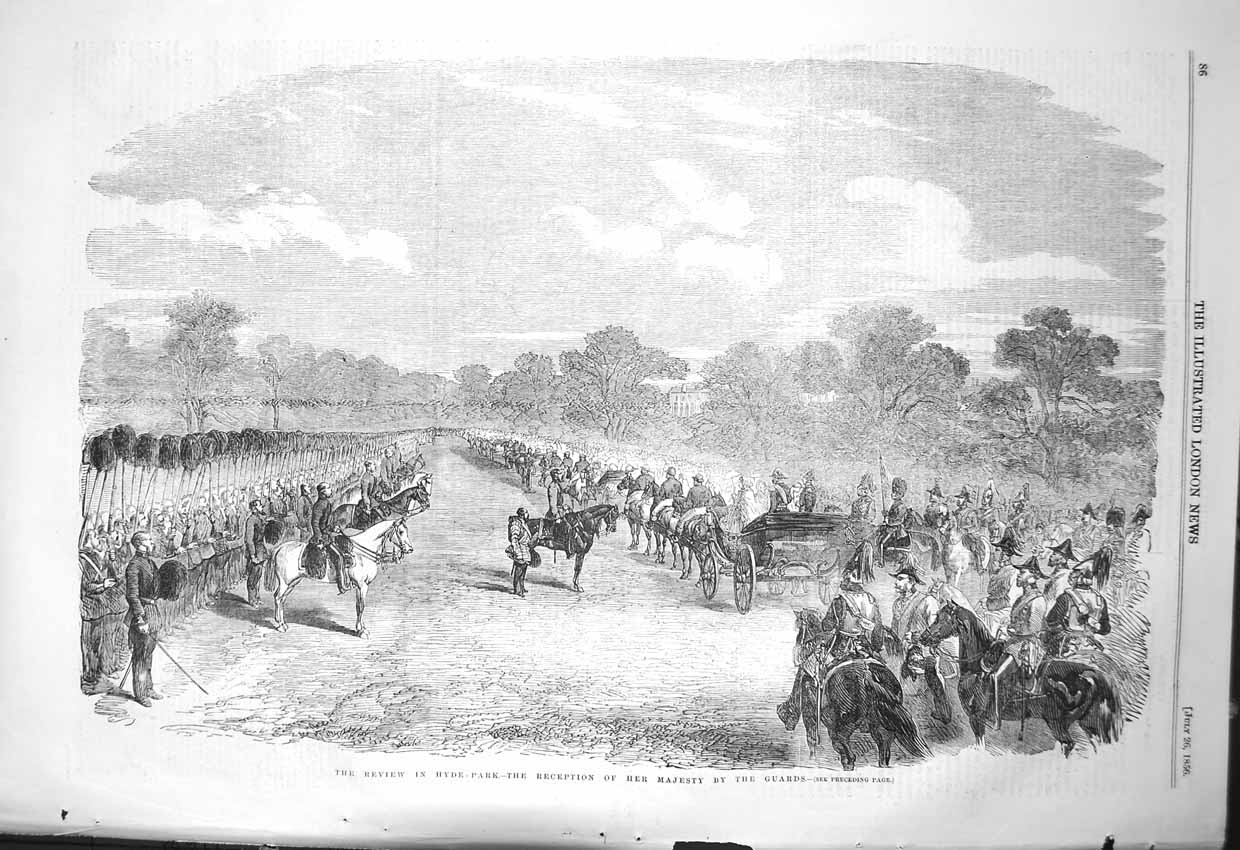Old Antique Print 1856 Review Hyde Park London Horse Guards Queen England 19th