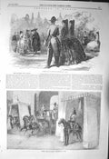 Original Old Antique Print 1856 Street Scene Madrid Spain Ladies Guards Horses