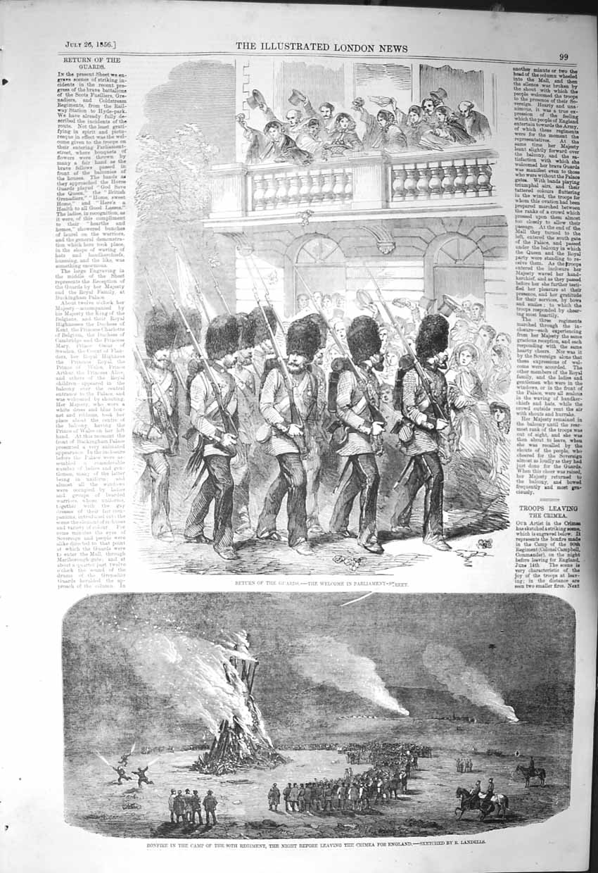 Old Antique Print 1856 Parliament Street Guards Bonfire Camp Crimea War 19th