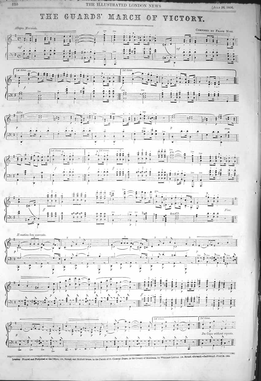 Original Old Antique Print 1856 Sheet Music The Guards March Victory Frank Mori