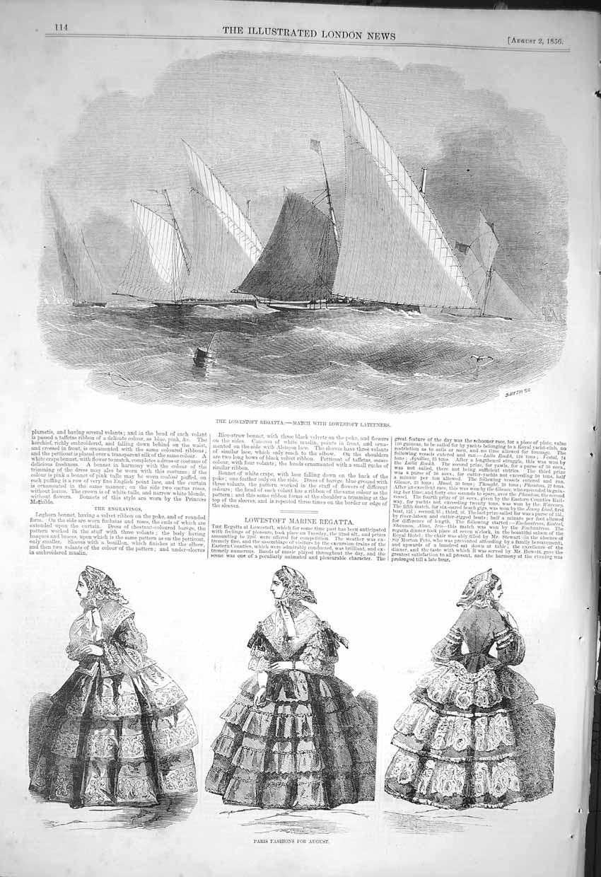 Old Antique Print 1856 Lowestoft Regatta Lateeners Yachts Paris Fashion 19th