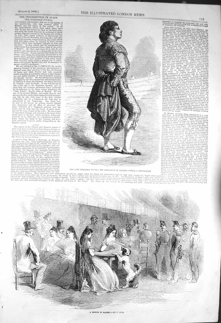 Original Old Antique Print 1856 Toreador Puceta Insurgent Madrid Scene Spain