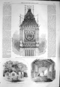 Original Old Antique Print 1856 Clock Tower Palace Parliament Westminster Roman