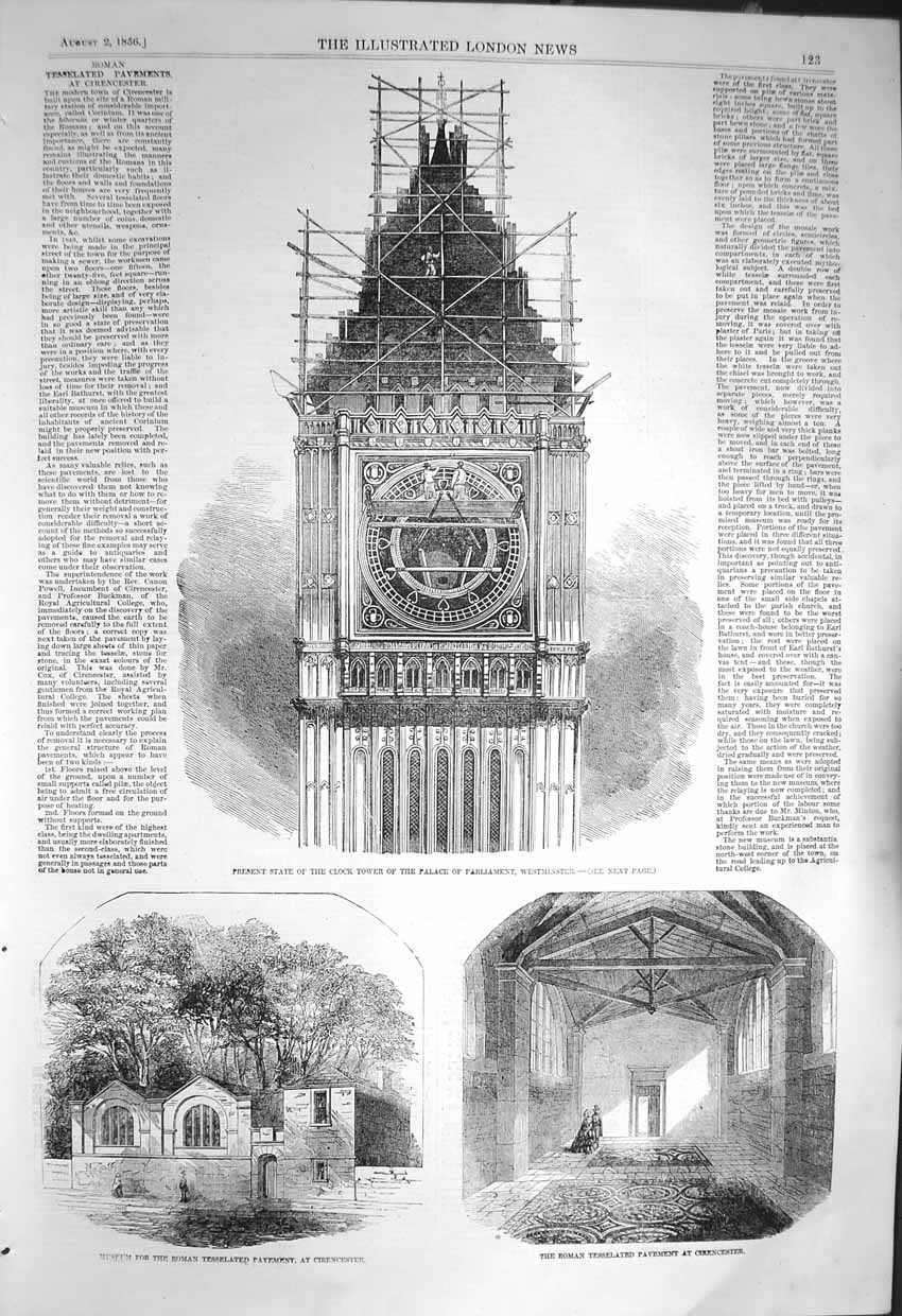 Original Old Antique Print 1856 Clock Tower Palace Parliament Westminster Roman