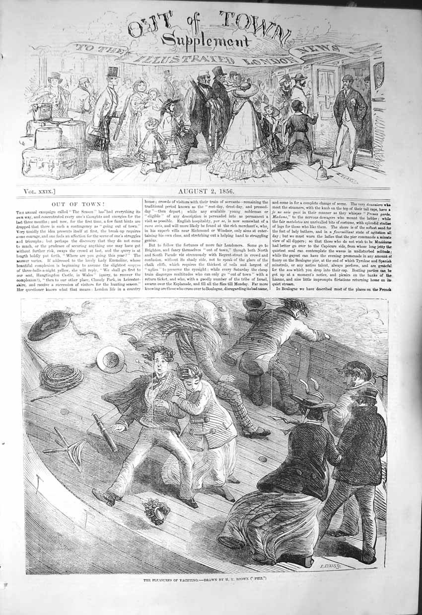 Original Old Antique Print 1856 Pleasures Yachting Stormy Sea Boat Victorian
