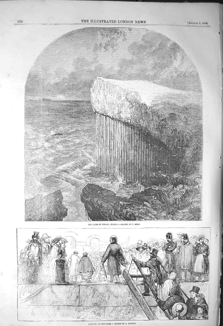 Old Antique Print 1856 Cave Fingal Staffa Scene Landing Boulogne France 19th