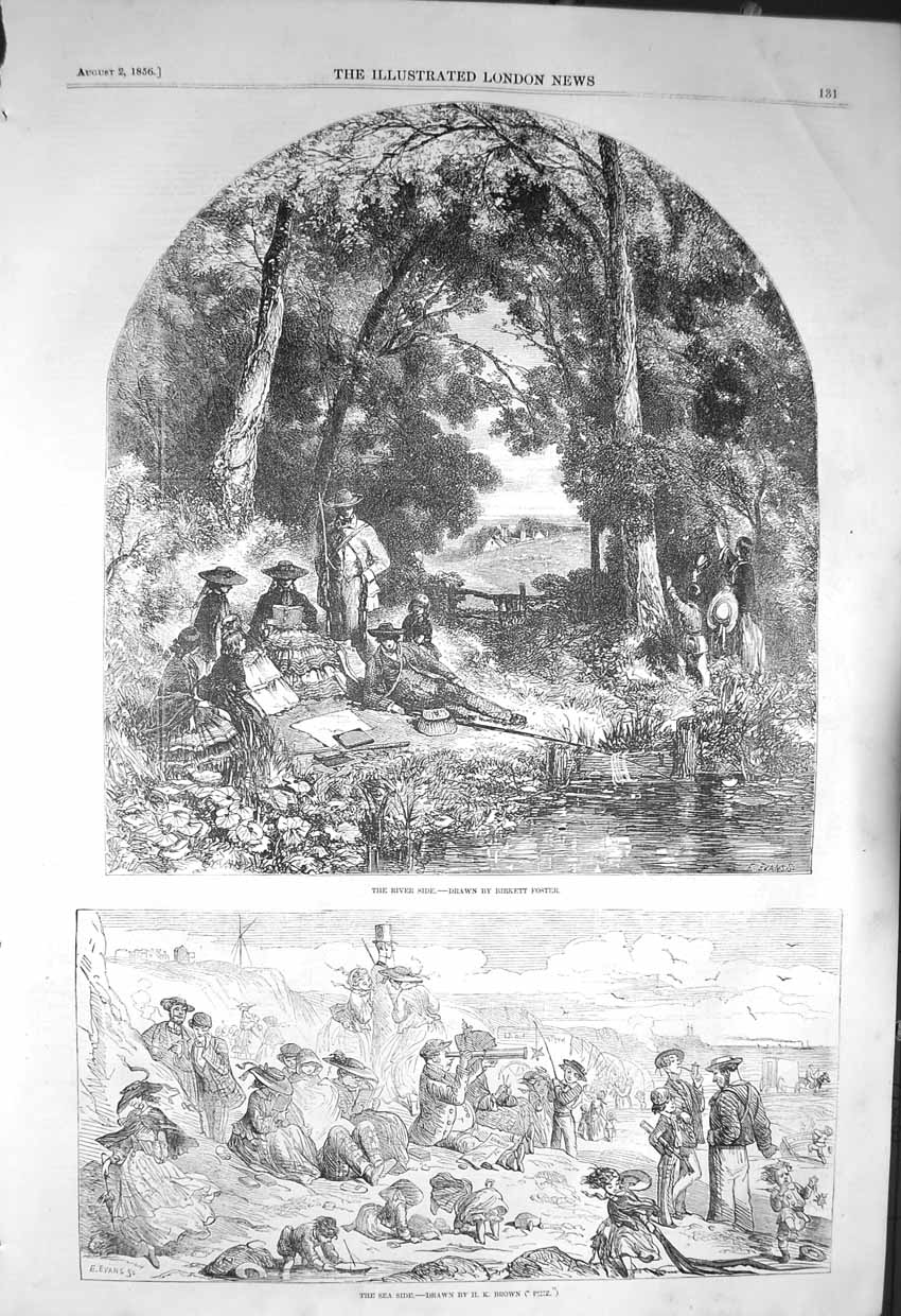 Original Old Antique Print 1856 Foster River Side Scene Sea-Side Beach 19th