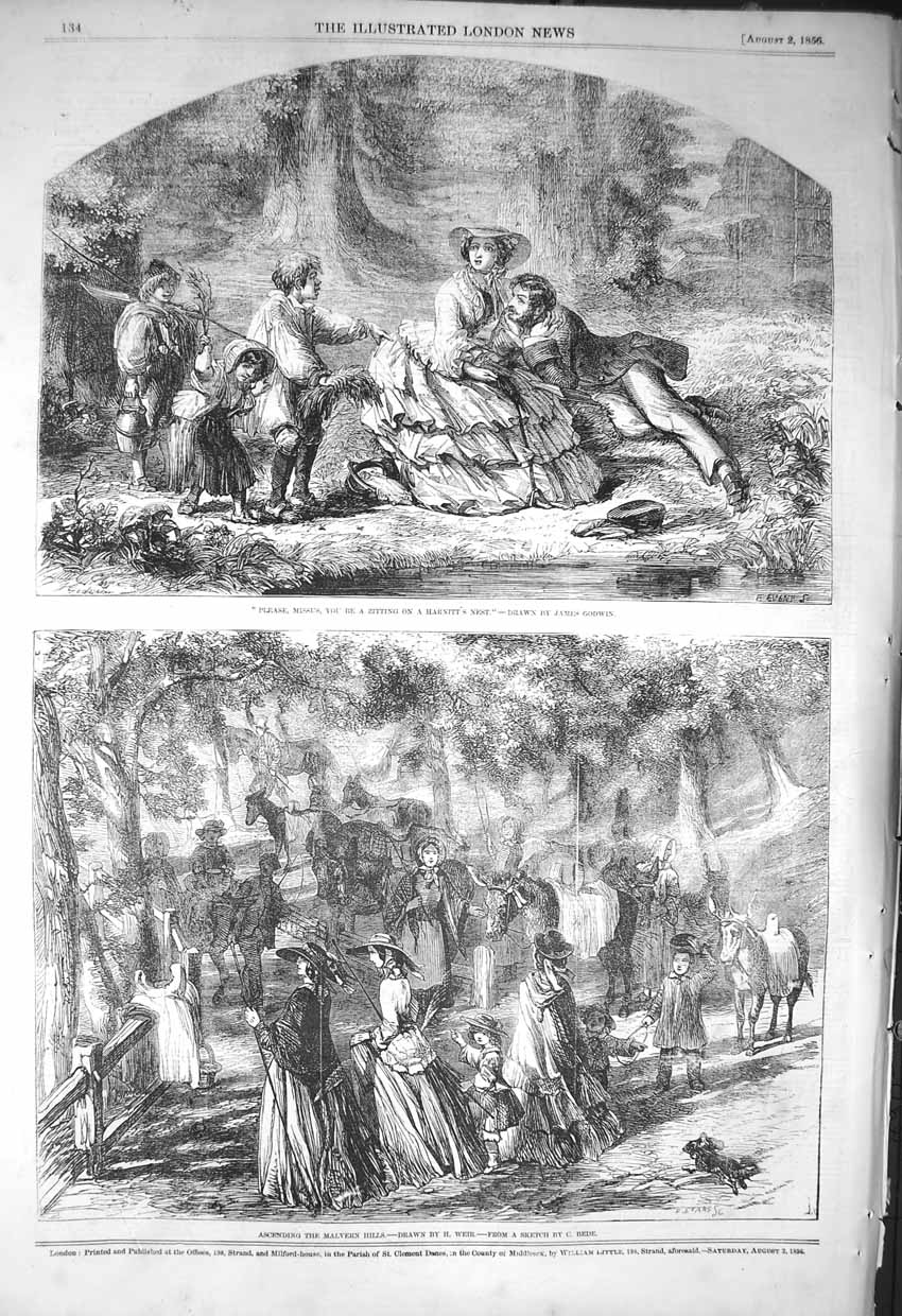 Original Old Antique Print 1856 Family Malvern Hills Romance Country Victorian