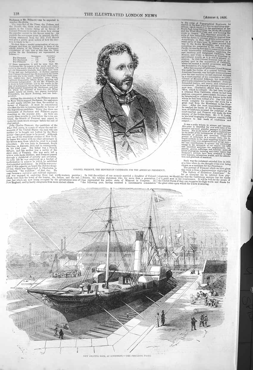 Original Old Antique Print 1856 Colonel Fremont Graving Dock Lowestoft Ship