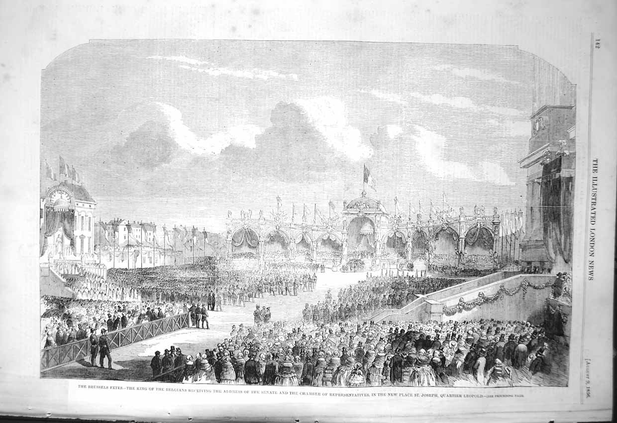Original Old Antique Print 1856 Brussels Fetes King Belgiums Place Joseph Leop