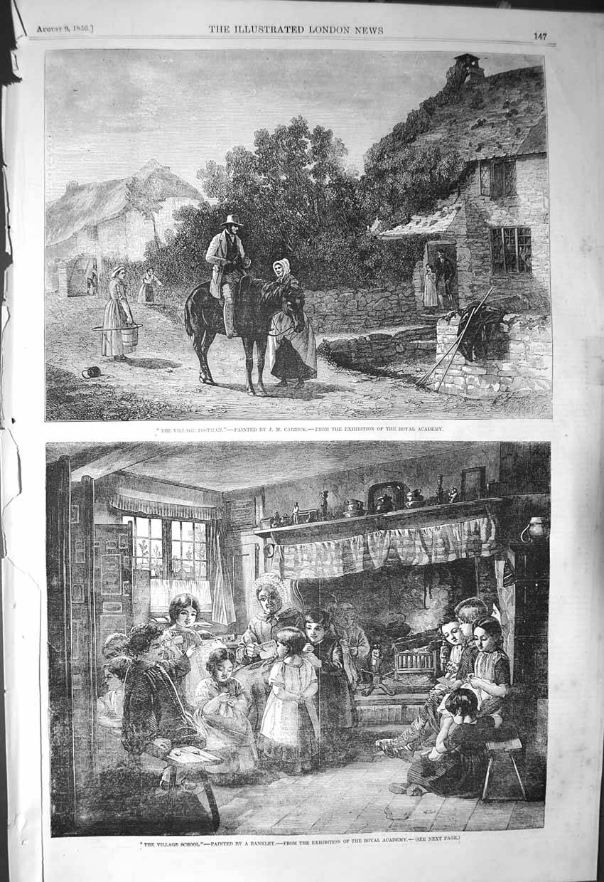 Original Old Antique Print 1856 Village Postman School Children Fine Art 19th