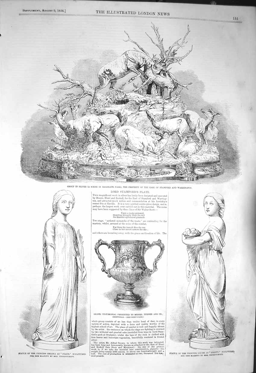 Old Antique Print 1856 Statue Princess Helena Louise Silver Earl Stamford 19th