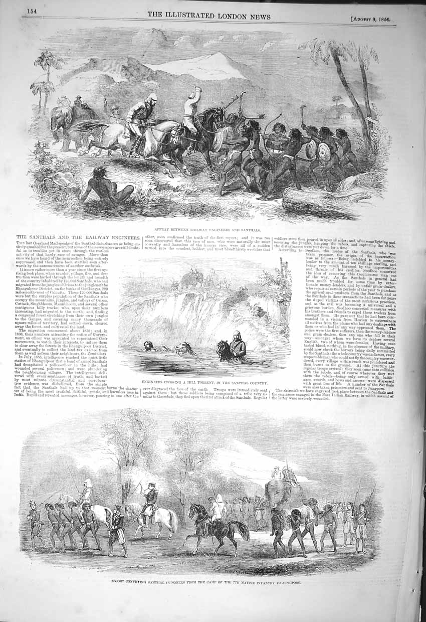Original Old Antique Print 1856 Railway Engineers Santhals Battle Jungpore Sier