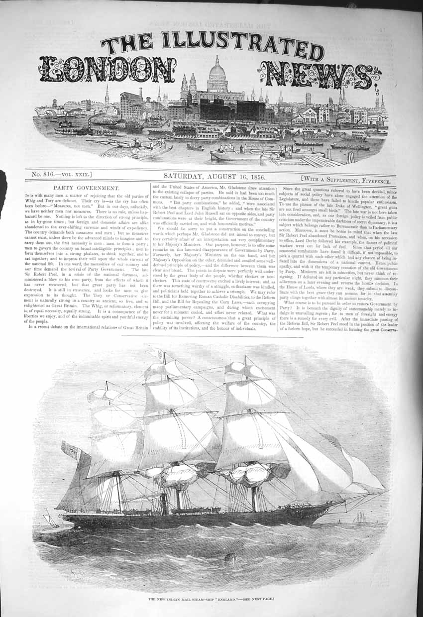 Original Old Antique Print 1856 New Indian Mail Steam Ship England Sailing 19th