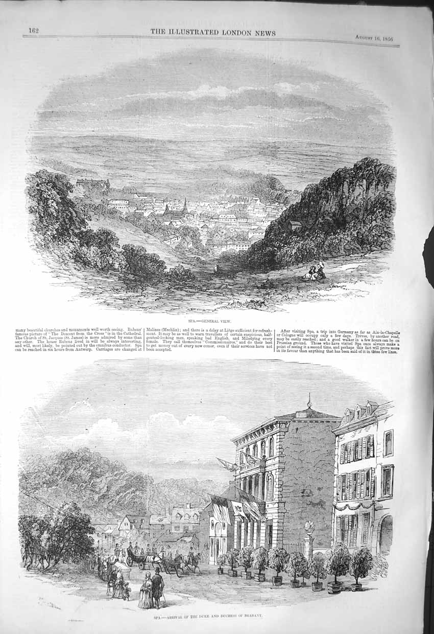 Original Old Antique Print 1856 View Spa Duke Duchess Brabant 19th