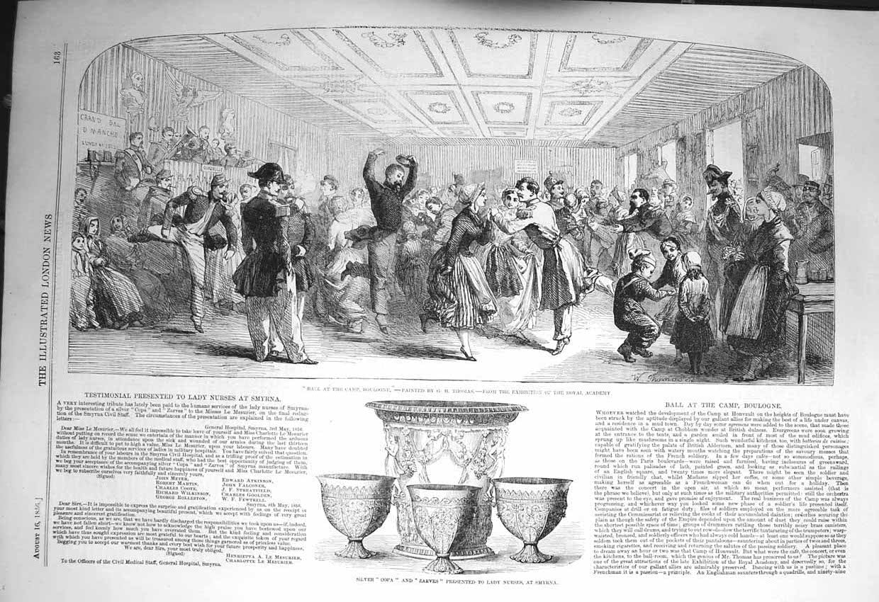 Original Old Antique Print 1856 Ball Camp Boulogne Silver Copa Zarves Smyrna