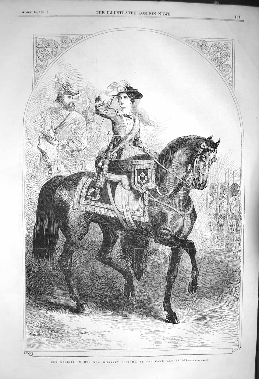 Original Old Antique Print 1856 Majesty Queen Military Costume Camp Aldershott