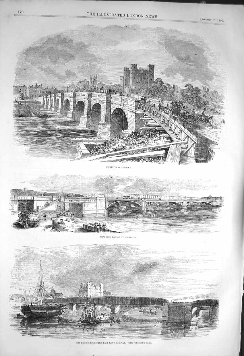 Original Old Antique Print 1856 Rochester Bridge East Kent Railway England 19th