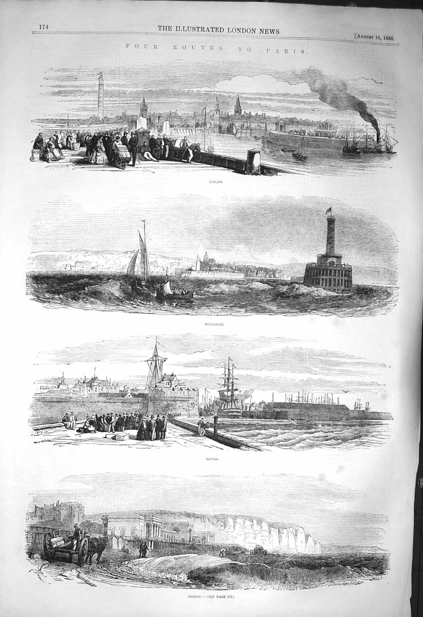 Original Old Antique Print 1856 Paris Calais Boulogne Havre Dieppe Ports Ship
