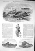 Original Old Antique Print 1856 Imperial Chateau Biarritz Baigneuse Rocks Sea