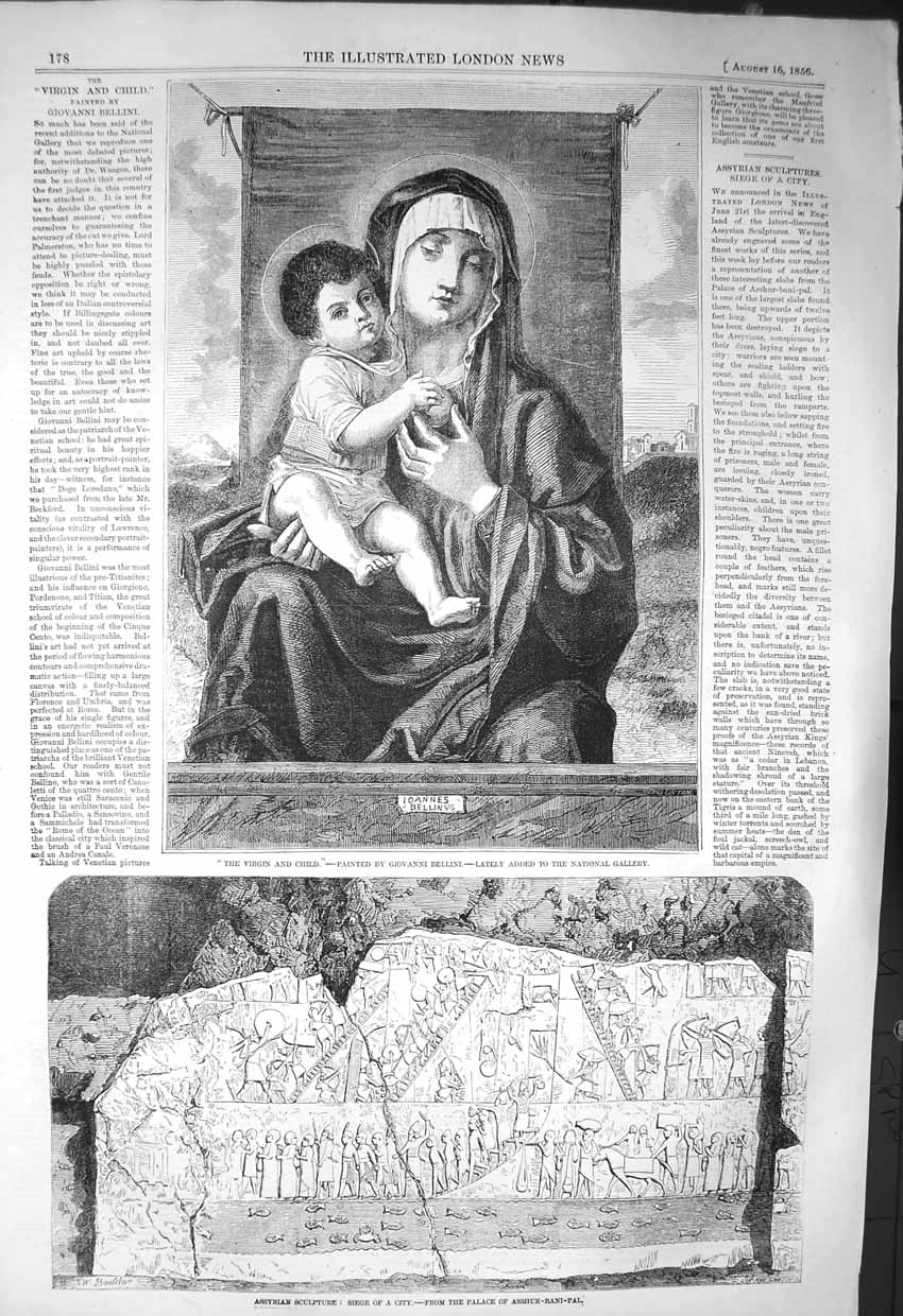 Original Old Antique Print 1856 Virgin Child Assyrian Sculpture Asshur-Bani-Pal